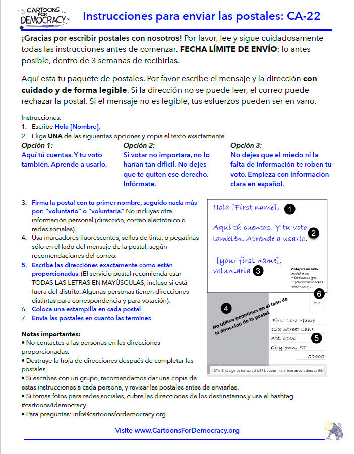 Votando Unidos, Ganamos - CA-22 Postcard & Address Kit (Directions in English and Spanish)