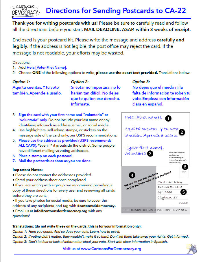 Votando Unidos, Ganamos - CA-22 Postcard & Address Kit (Directions in English and Spanish)