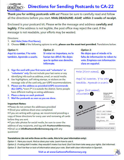 Votando Unidos, Ganamos - CA-22 Postcard & Address Kit (Directions in English and Spanish)
