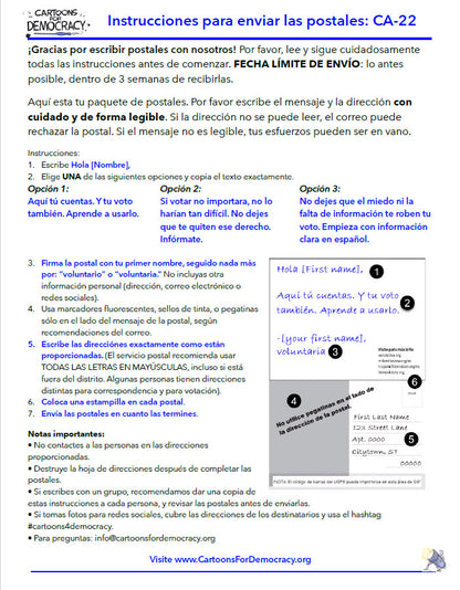 Votando Unidos, Ganamos - CA-22 Postcard & Address Kit (Directions in English and Spanish)