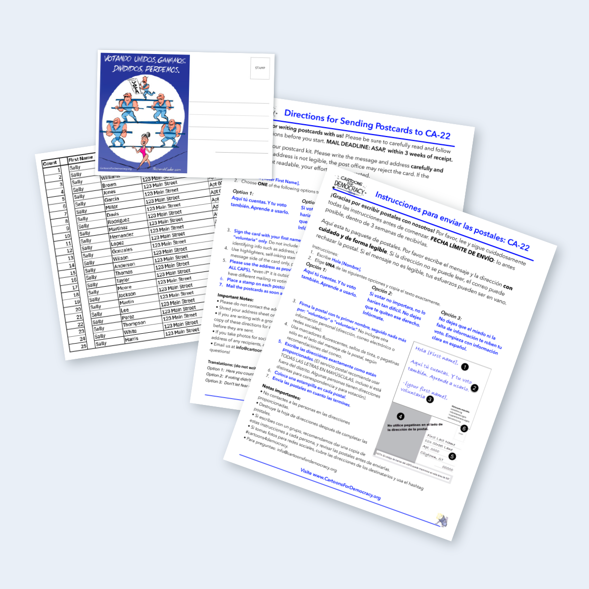 Votando Unidos, Ganamos - CA-22 Postcard & Address Kit (Directions in English and Spanish)
